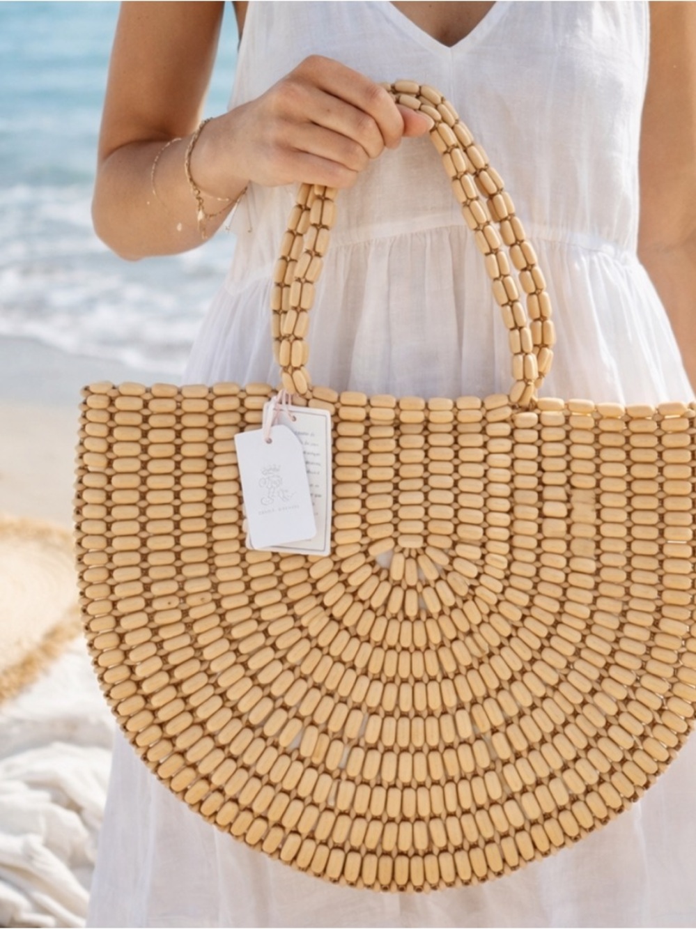 Beige Woven Half-Moon Tote - Lightweight Summer Beach Bag - Picture 1 of 8